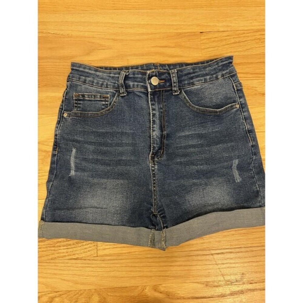 SHEIN Womens High Waisted Cuffed Denim Shorts Medium Wash Blue Size 30 Stretch
